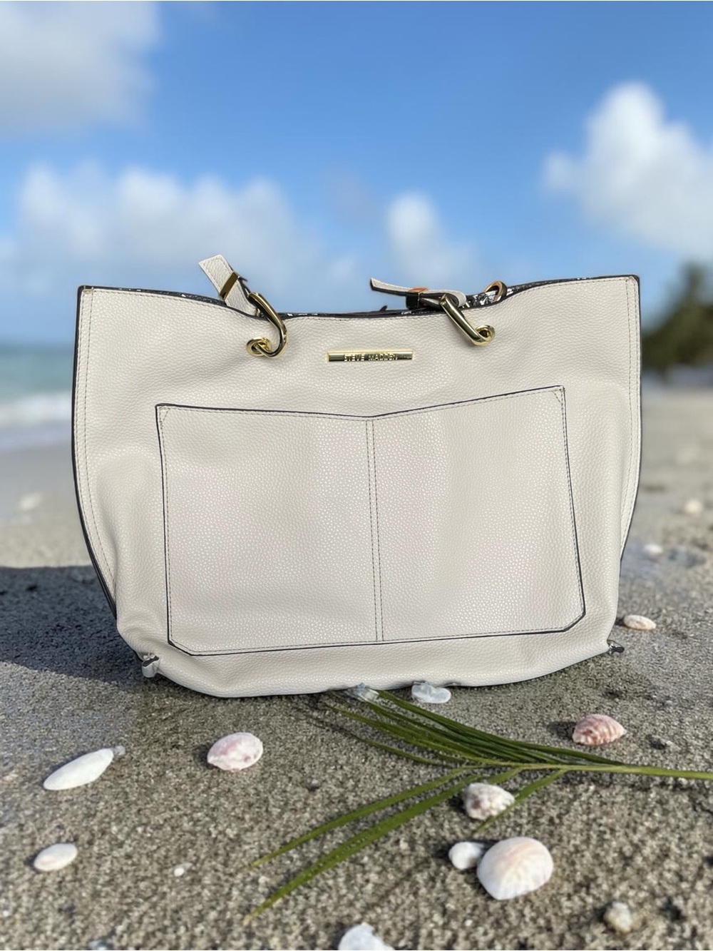 Steve Madden Cream Tote with Gold Hardware